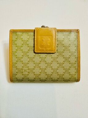 Vintage Celine Macadam Wallet Green Canvas & Yellow Leather Paris Logo Snap